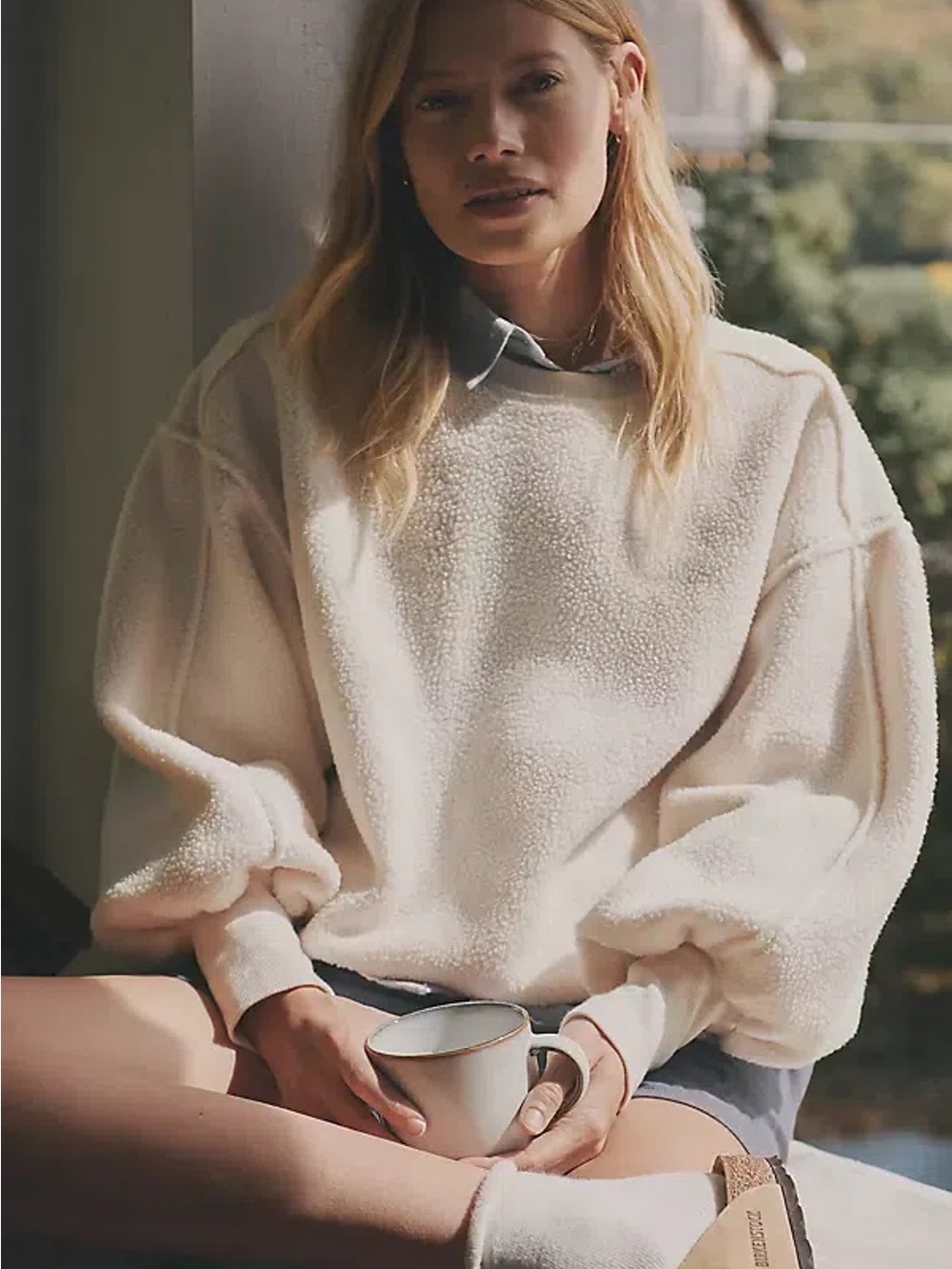 NWT Anthropologie Pilcro Sherpa Fleece Balloon Sleeve Sweatshirt Ivory L